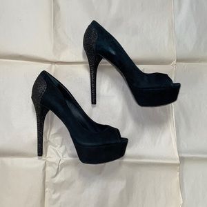 Brian Atwood black open-toed suede pumps with sparkly heel